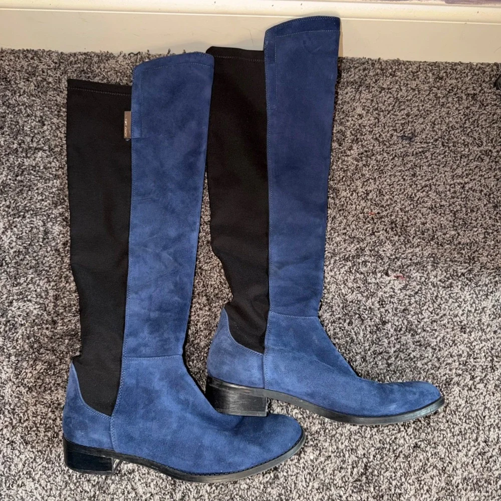 Vince Camuto Blue Suede Black Stretch Over The Knee Boots Womens 9M 39 Low Heel